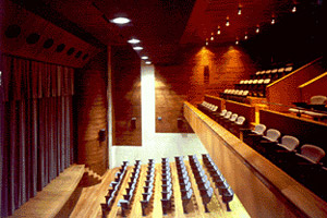 Vista lateral do interior do Salón Teatro, co escenario e o patio de butacas.